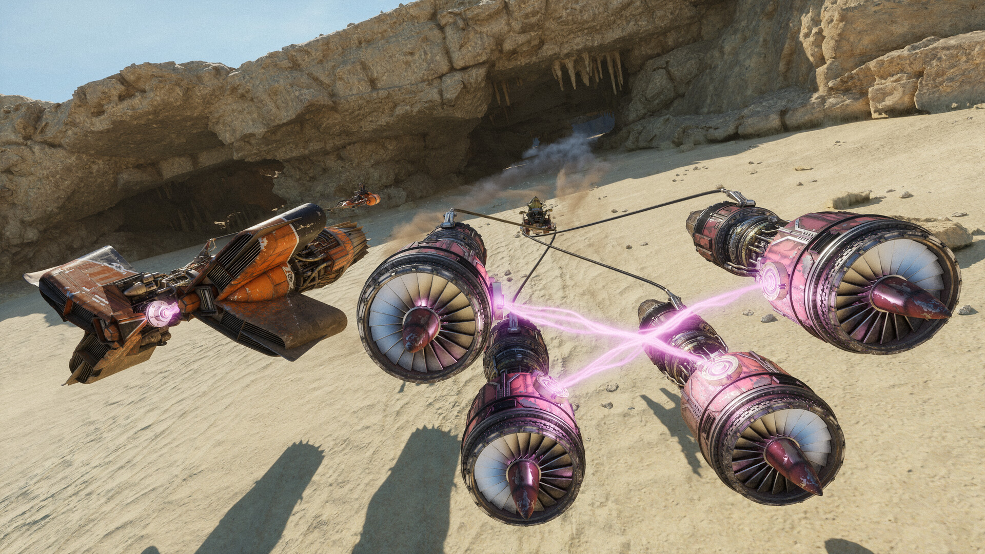Carrera de pods en el circuito de Tatooine con varios pilotos compitiendo