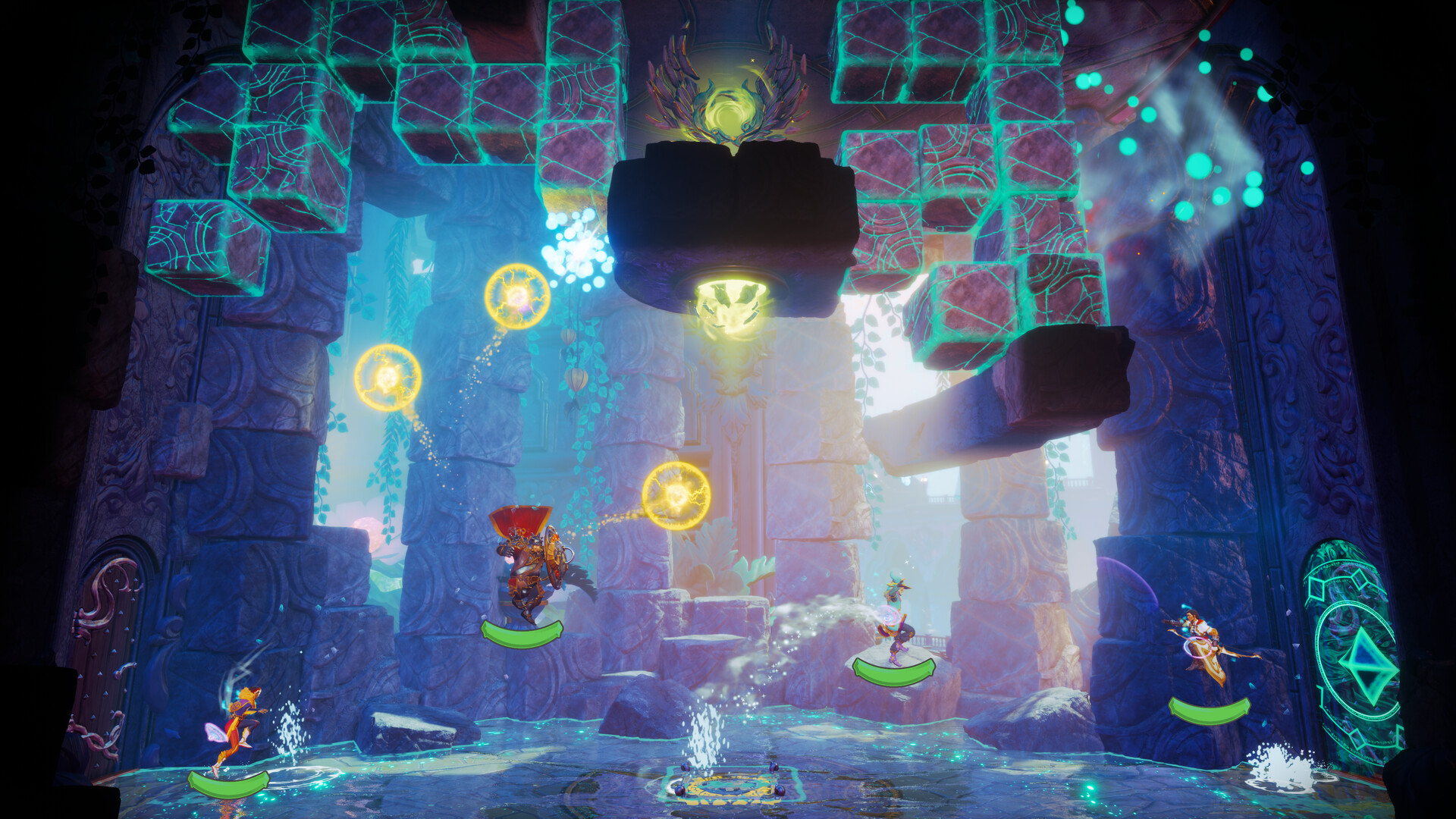 Cuatro personajes de Trine 6 Together in Time resolviendo puzzles magicos en un escenario de fantasia de Frozenbyte